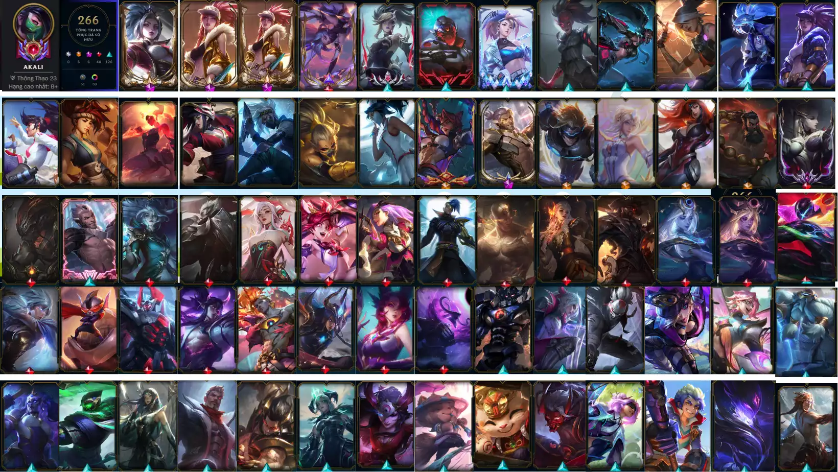 ACC ONECHAMP AKALI FULL SKIN AKALI SKIN : 266 FULL 5 CAM 6 TÍM 40 ĐỎ 126 SỬ THI 33 ĐA SẮC LV : 339 DƯ 92K THL RANK ĐỒNG 4 DTCL : NHIỀU PET 3 SAO SÂN CHƯỞNG ĐẦY ĐỦ CÒN ĐỔI TÊN